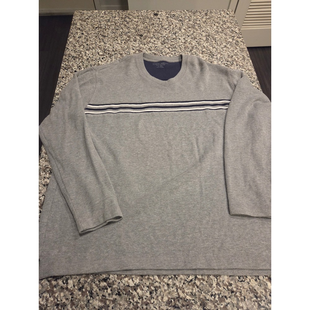 Cherokee V-Neck Sweater Mens XL Grey Navy Striped Chest 100% Cotton Long Sleeve